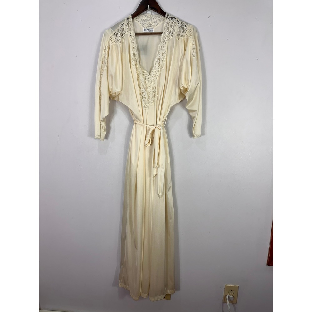 Miss Elaine Robe Nightgown Set Womens S Cream Lace Vintage Hollywood Regency USA